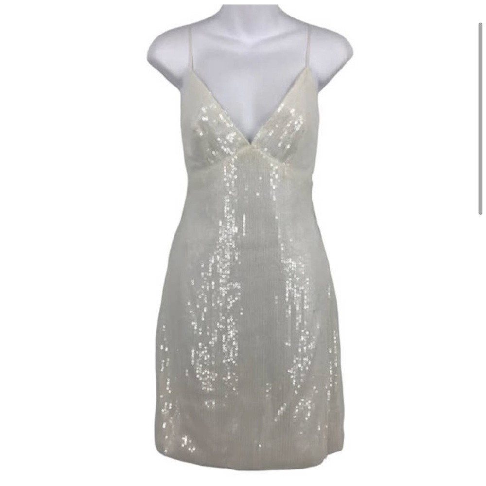 Amsale Little White Dress 6 Sequin Empire
V-Neck Sleeveless Open Back Mini NWT